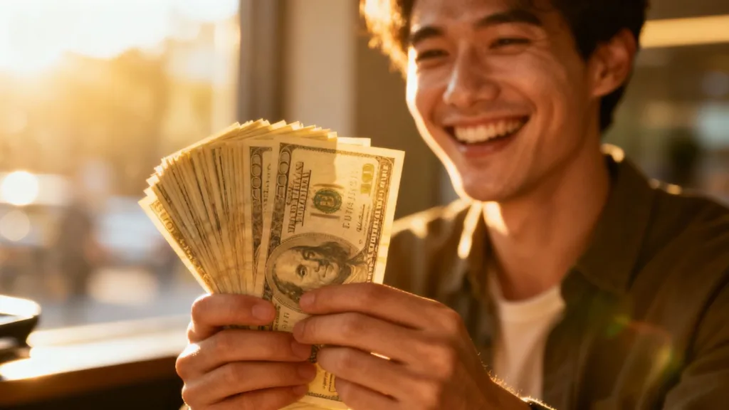 Hombre feliz con dinero en mano