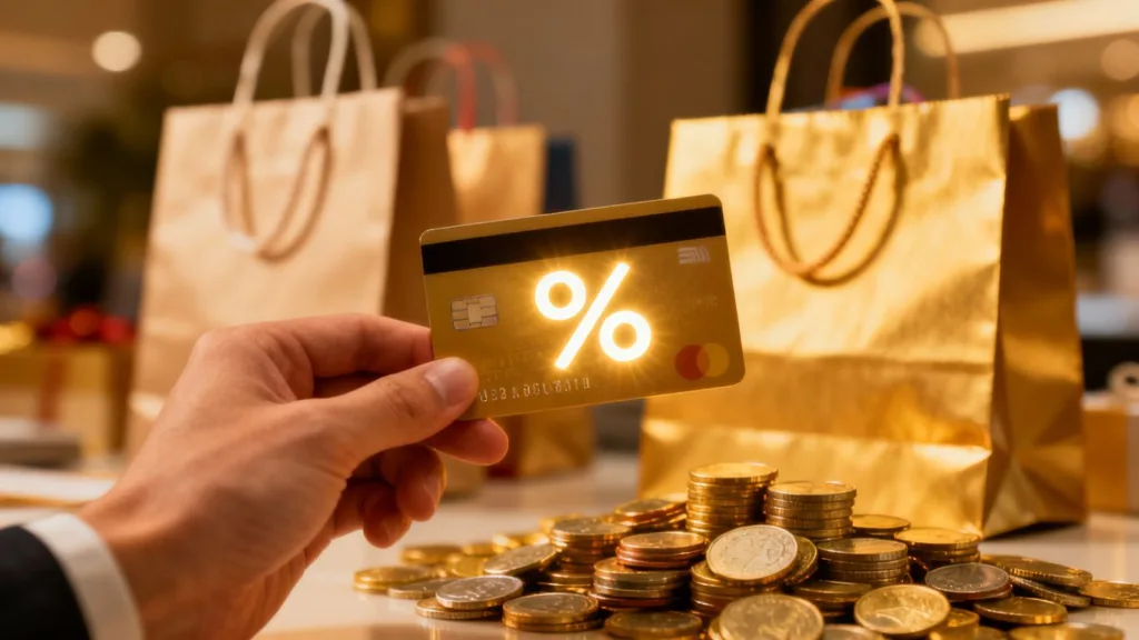Tarjeta de crédito con símbolo de porcentaje y monedas.