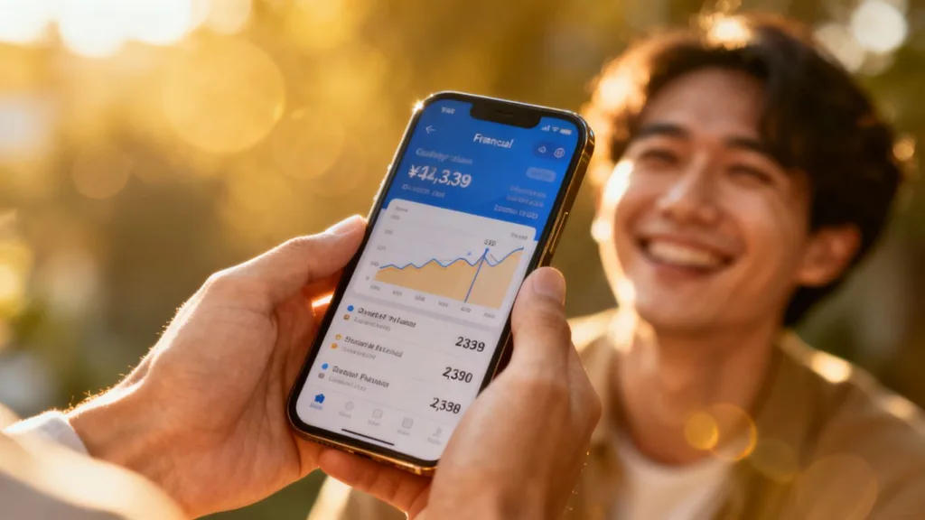 Persona feliz recibiendo un préstamo rápido en línea.