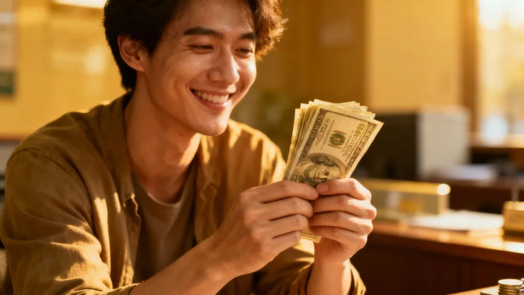Hombre feliz recibiendo dinero rápido.