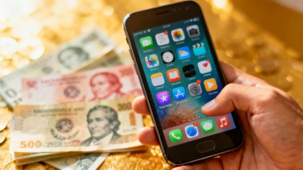 Manos con celular y dinero mexicano, apps de préstamos.