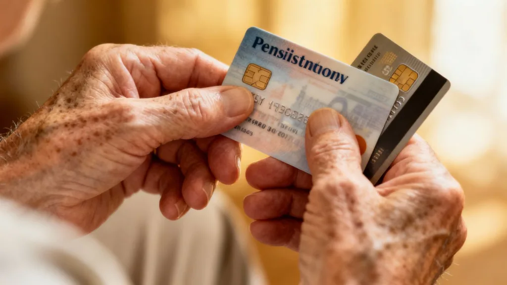 Manos de pensionado con tarjeta de pensión y tarjeta de crédito.