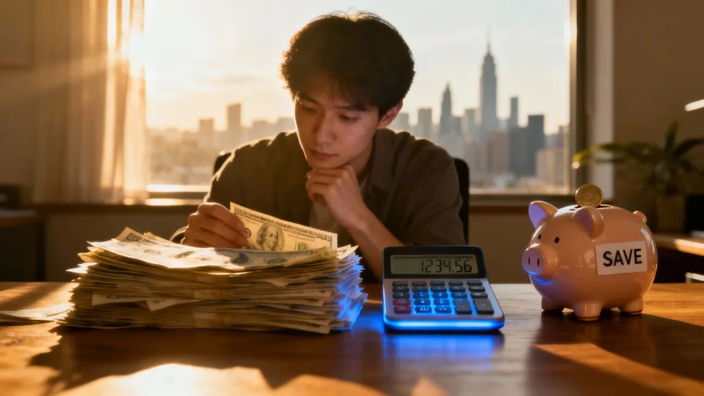 Persona calculando ahorro para refinanciar deudas.