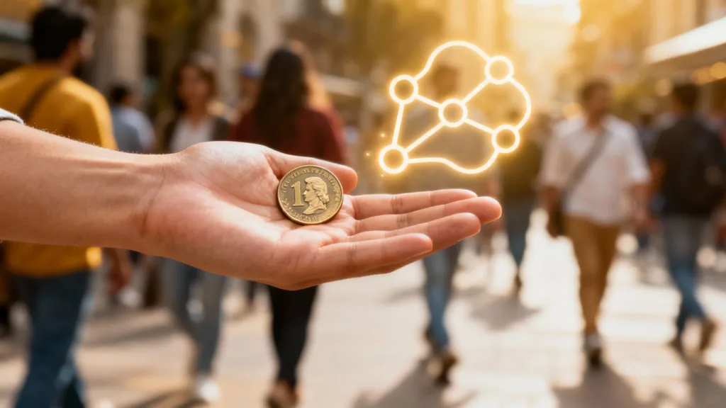 Mano con moneda mexicana y fondo de personas.